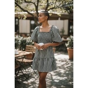 SELF CONTRAST Black White Gingham Puff Sleeve ‎ Smocked Tiered Mini Dress Small